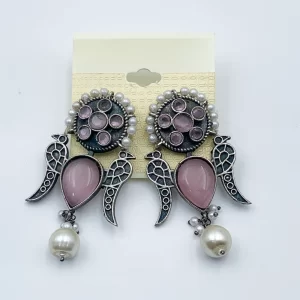 Arira stylish and classy with oxidise finish earrings pink stone - 1