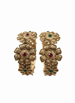 Arira Golden Kada Set With Flower Design with red and green stone – Free Size