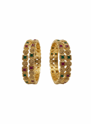 Arira Golden Bangles Set Of 4 With Green And Pink Stone