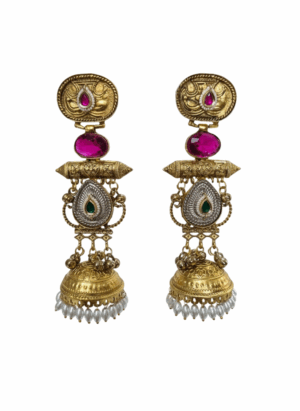 Arira Golden Long Earrings With Pink Stone Jhumka
