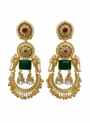 Arira Golden Long Earrings With Green Stone