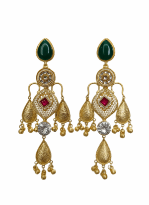 Arira Golden Long Earrings With Green ,Red And White Stone