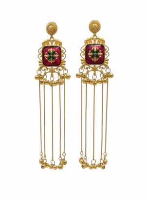 Arira Golden and Maroon long Kashmiri Earrings with Ghungroo Latkan