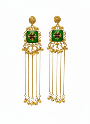 Arira Golden and Green Long Kashmiri Earrings with Ghungroo Latkan