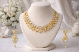 Arira Gold finish Stylish and Classy American Diamond Necklace Set with Earrings