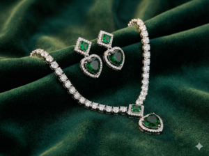 Arira Silver Finish Green Stone Pendent Style with White Stones American Diamond Set with Earrings