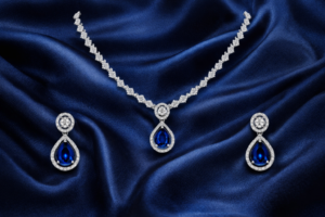 Arira Silver Finish Stylish And Classy Blue Stone with White Stones American Diamond Set with Earrings