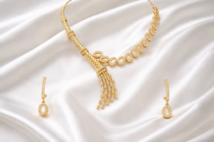 Arira Gold Finish Stylish Design Anti Tarnish American Diamond Necklace with Earrings