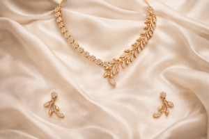 Arira Gold Finish Beautiful And Stylish Anti Tarnish American Diamond Necklace with Earrings