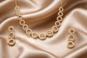 Arira Gold Finish Elegant and Stylish Anti Tarnish American Diamond Necklace with Earrings