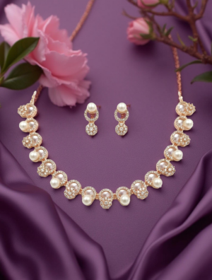 Arira Gold Finish with White Pearl Anti Tarnish American Diamond Beautiful Neckalce with Earrings