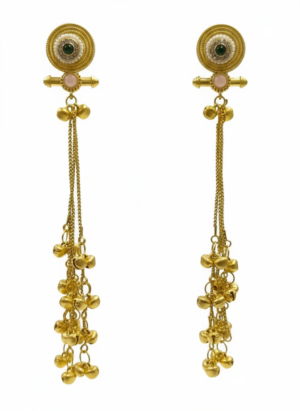 Arira Golden with Pink and Green stone Long Kashmiri Earrings with Ghungroo Latkan