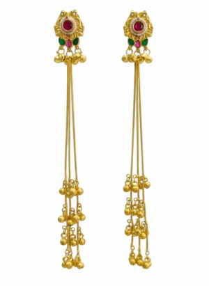 Arira Golden with Red and Green stone Long Kashmiri Earrings with Ghungroo Latkan