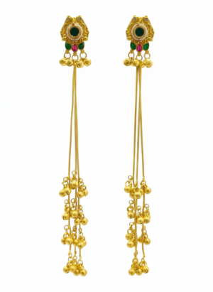 Arira Golden with Green and Pink stone Long Kashmiri Earrings with Ghungroo Latkan