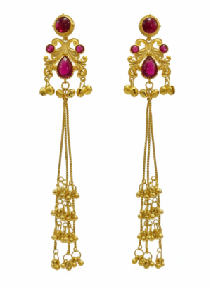 Arira Golden with Dark Pink Stone Long Kashmiri Earrings with Ghungroo Latkan