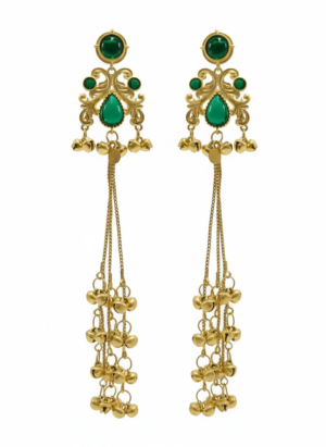 Arira Golden with Green Stone Long Kashmiri Earrings with Ghungroo Latkan
