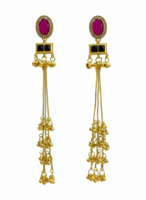 Arira Golden with Pink and Black Stone Long Kashmiri Earrings with Ghungroo Latkan