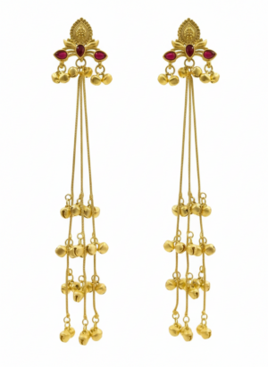 Arira Golden with Red Stone Long Kashmiri Earrings with Ghungroo Latkan