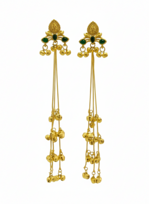 Arira Golden with Green Stone Long Kashmiri Earrings with Ghungroo Latkan