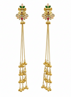 Arira Golden with White ,Peach and Green Stone Long Kashmiri Earrings with Ghungroo Latkan
