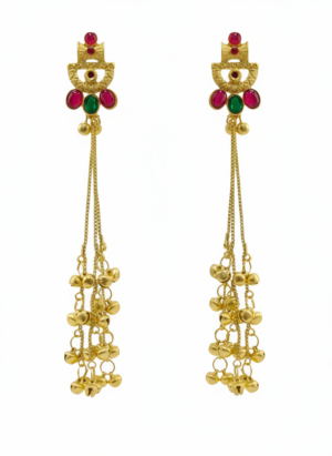 Arira Golden with Pink and Green Stone Long Kashmiri Earrings with Ghungroo Latkan