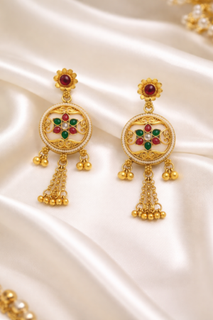 Arira Multi Colour Stone in Golden Finish Earrings With Ghungroo
